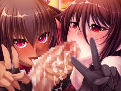 2girls aoi_nagisa_(metalder) black_lilith blush brown_hair censored cooperative_fellatio cum disembodied_penis fellatio game_cg hair_ribbon leotard lipstick makeup mature_female mizuki_shiranui mizuki_yukikaze mosaic_censoring mother_and_daughter multiple_girls oral oyakodon_(sex) penis red_eyes ribbon taimanin_(series) taimanin_suit taimanin_yukikaze tattoo teamwork_(sexual) tongue tongue_out tongue_tattoo v