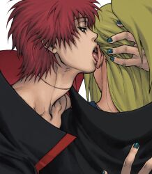 blonde_hair blue_nails blush deidara_(naruto) ear_licking gaara_(naruto) hand_on_another&#039;s_head highres licking male_focus naruto_(series) profile red_hair umkaqryi