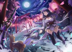 2girls animal animal_ears armor asymmetrical_sleeves bare_shoulders blunt_bangs braid breasts bridal_gauntlets burnt_green_tea cleavage closed_mouth cloud cloudy_sky crossed_arms detached_sleeves falling_leaves fan_hair_ornament fog fox friends full_moon genshin_impact glowing hair_between_eyes hair_flowing_over hair_ornament hand_up headpiece highres japanese_clothes kimono lantern large_breasts leaf light_smile long_braid long_hair long_sleeves looking_to_the_side looking_up low-braided_long_hair low-tied_long_hair mitsudomoe_(shape) mole mole_under_eye moon multiple_girls musou_isshin_(genshin_impact) neck_ribbon night night_sky off_shoulder outdoors paper_lantern pink_hair purple_eyes purple_hair purple_kimono purple_thighhighs raiden_shogun red_ribbon ribbon shade shoulder_armor single_braid sky standing thick_thighs thighhighs thighs tomoe_(symbol) uneven_sleeves weapon wide_sleeves wind yae_miko