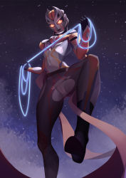 1girl absurdres alien black_pantyhose breasts carmeara chinese_commentary closed_mouth energy energy_whip h.an_(516635864) highres holding holding_whip light_smile lips medium_breasts midriff navel orange_eyes pantyhose purple_lips solid_eyes standing star_(sky) stepped_on tokusatsu torn_clothes torn_pantyhose ultra_series ultraman_trigger_(series) whip