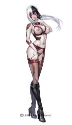 1girl almeria_(taimanin_series) black_boots black_hair black_nails boots bra breasts copyright_notice cupless_bra exposed_muscle full_body garter_straps kagami_hirotaka lingerie maid_headdress multicolored_hair nipples official_art red_eyes saliva second-party_source solo standing taimanin_(series) taimanin_rpgx tongue tongue_out two-tone_hair underwear white_background white_hair zombie