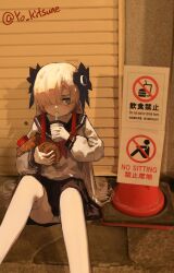 Rule 34 | 1girl, absurdres, alternate costume, bag, black flower, black sailor collar, black skirt, burger, cup, disposable cup, drinking straw, drinking straw in mouth, english text, feet out of frame, flower, food, french fries, grey eyes, grey hair, hair flower, hair ornament, hair over one eye, highres, holding, holding burger, holding cup, holding food, isekaijoucho, kamitsubaki studio, kitsune yo, knees up, korean text, long hair, mcdonald&#039;s, miniskirt, mixed-language text, multicolored hair, multilingual text, neckerchief, on floor, panties, pantyshot, paper bag, photo background, red hair, red neckerchief, sailor collar, school uniform, serafuku, shirt, sign, sitting, skirt, solo, thighhighs, twitter username, two-tone hair, underwear, very long hair, virtual youtuber, white panties, white shirt, white thighhighs