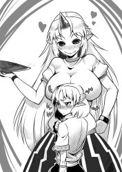 2girls absurdres asakawa_remon blush breasts closed_mouth commentary_request cone_horns cowboy_shot cup ear_blush half_updo heart highres horns hoshiguma_yuugi large_breasts long_hair looking_at_another mizuhashi_parsee multiple_girls nose_blush parted_bangs pointy_ears sakazuki sash shirt short_hair short_sleeves single_horn skirt smile star_(symbol) striped_clothes striped_skirt t-shirt touhou vertical-striped_clothes vertical-striped_skirt very_long_hair