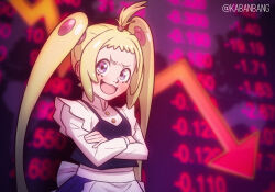 1girl :d ahoge artist_name bang_dacy blonde_hair blue_eyes crossed_arms ichiko_(mayonaka_punch) long_sleeves mayonaka_punch meme open_mouth smile solo stonks_(meme) twintails upper_body