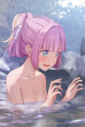 1girl anyoji_hime bathing blonde_hair blue_eyes blunt_bangs blurry blurry_background blush claw_hair_clip commentary_request folded_ponytail gradient_hair groping_motion hair_intakes hair_ornament hands_up highres link!_like!_love_live! love_live! multicolored_hair nude onsen open_mouth partially_submerged pink_hair rock shamakho short_hair sidelocks smile solo upper_body virtual_youtuber