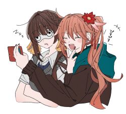 2girls blush_stickers brown_hair brown_sweater closed_eyes copyright_name grey_vest guinaifen_(honkai:_star_rail) highres honkai:_star_rail honkai_(series) long_hair multiple_girls niupum open_mouth orange_hair selfie shirt sidelocks simple_background smile sushang_(honkai:_star_rail) sweater translation_request upper_body vest white_background white_shirt