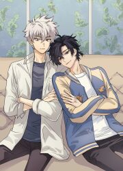 2boys antenna_hair black_eyes black_hair black_pants black_shirt blue_jacket brown_eyes cheng_xiaoshi closed_mouth collared_shirt couch crossed_arms grey_eyes hair_between_eyes highres hktk_neochi indoors jacket leaf leaning_on_person letterman_jacket long_sleeves looking_at_viewer lu_guang male_focus multicolored_jacket multiple_boys on_couch open_clothes open_jacket pants plant ponytail shiguang_dailiren shirt short_hair short_ponytail sitting smile white_hair white_shirt window yaoi