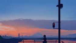 1girl absurdres blue_sky city_lights cloud evening highres lake landscape mmair orange_sky original outdoors power_lines railing scenery short_hair sky solo standing sunset traffic_light utility_pole