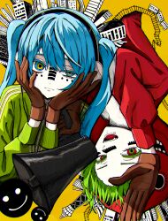 2girls absurdres aqua_eyes aqua_hair brown_gloves closed_mouth colored_eyelashes colored_skin commentary facial_mark fang gloves green_hair green_hoodie gumi hair_between_eyes hand_up hands_on_own_face hatsune_miku headphones highres holding holding_megaphone hood hood_down hood_up hoodie long_hair long_sleeves matryoshka_(vocaloid) megaphone multiple_girls open_mouth red_eyes red_hoodie short_hair smiley_face takayou twintails uneven_eyes upside-down vocaloid white_skin yellow_background