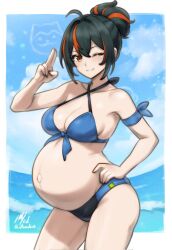 1girl ;) ahoge bandana_around_arm big_belly bikini black_bikini black_hair blue_bikini blue_sky breasts closed_mouth cloud cowboy_shot criss-cross_halter double-parted_bangs front-tie_top hair_between_eyes halterneck hand_on_own_hip highres large_breasts looking_at_viewer multicolored_bikini multicolored_hair ocean one_eye_closed orange_eyes orange_hair outie_navel pregnant rotomdocs salute signature sky smile solo split_mouth standing streaked_hair swimsuit twitter_username two-finger_salute two-tone_bikini two-tone_hair water zenless_zone_zero zhu_yuan