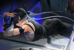 Rule 34 | 1girl, absurdres, arknights, black dress, black hair, black horns, black pantyhose, blue eyes, blue nails, breasts, dress, hair over one eye, highres, horn ornament, horn ribbon, horns, long hair, lying, mole, mole under mouth, on stomach, open mouth, pantyhose, pointy ears, qalaisa (arknights), ribbon, solo, teeth, tongue, tongue out, upper teeth only, yuki flourish