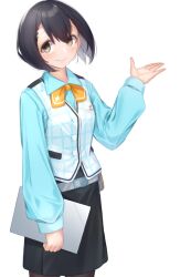 Rule 34 | 1girl, aqua shirt, belt, belt pouch, black hair, black skirt, blue shirt, bow, bowtie, brown eyes, buttons, closed mouth, collared shirt, cowboy shot, daitoku junna, hair between eyes, long sleeves, looking at viewer, miniskirt, official alternate costume, pantyhose, pouch, robotics;notes, robotics;notes dash, shiny lips, shiny skin, shirt, short hair, simple background, skirt, smile, solo, standing, white background, white belt, white shirt, yakku
