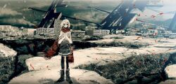 1other androgynous bad_id bad_pixiv_id black_boots black_eyes black_pants boots coat cropped full_body grey_coat grey_hair grey_theme hair_between_eyes highres knee_boots light_smile looking_to_the_side meola muted_color original outdoors overcast own_hands_together pants parted_bangs red_scarf ruins scarf short_hair sky skyline solo spot_color standing third-party_edit three-quarter_sleeves wasteland