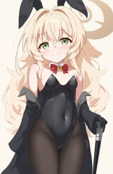 animal_ears black_coat black_gloves black_leotard blonde_hair blue_archive bow bowtie cane coat covered_navel cowboy_shot detached_collar fake_animal_ears fluffy_hair gloves green_eyes halo highleg highleg_leotard highres holding holding_cane itaba_atsushi leotard loli long_hair looking_at_viewer off_shoulder open_clothes open_coat pantyhose playboy_bunny professor_niyaniya_(blue_archive) rabbit_ears red_bow red_bowtie side_ahoge smile strapless strapless_leotard yellow_halo