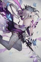 1girl asymmetrical_gloves backless_dress backless_outfit black_tiara blue_butterfly bright_pupils bug butterfly castorice_(honkai:_star_rail) closed_mouth dress elbow_gloves gloves grey_hair highres honkai:_star_rail honkai_(series) insect legwear_cutout long_hair looking_at_viewer mins_(minevi) multicolored_hair purple_butterfly purple_eyes purple_gloves purple_hair solo thighhighs tiara uneven_gloves white_pupils white_thighhighs
