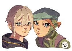 Rule 34 | 2boys, backpack, bag, beret, black hood, blue eyes, blue hat, blush, bodysuit, braid, choker, closed mouth, commentary, cropped torso, english commentary, frown, green bodysuit, green choker, green eyes, grey hair, hair between eyes, hat, highres, hood, hood down, jodio joestar, jojo no kimyou na bouken, long bangs, looking at viewer, male focus, multicolored hair, multiple boys, orange hair, portrait, short hair, side braid, siniy, the jojolands, two-tone hair, usagi aloha&#039;oe, white background