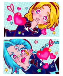 2girls absurdres blue_hair braid cacupld heart highres jinx_(league_of_legends) league_of_legends long_hair looking_at_viewer lux_(league_of_legends) multiple_girls pink_eyes school_uniform smile teeth twin_braids very_long_hair yuri
