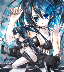 1girl 2010 belt bikini bikini_top_only black_bikini black_boots black_coat black_gloves black_hair black_rock_shooter black_rock_shooter_(character) black_shorts blue_eyes blue_fire boots breasts broken broken_sword broken_weapon chain checkered_background checkered_floor cleavage coat collarbone dated female_focus fire flaming_eye gloves hair_between_eyes halterneck head_tilt high_heel_boots high_heels holding holding_sword holding_weapon knee_boots long_hair looking_at_viewer open_clothes open_coat parted_lips pastel_(medium) shikishi short_shorts shorts sideboob signature small_breasts solo swimsuit sword traditional_media twintails underboob unzipped very_long_hair weapon white_belt yuto_takumi zipper