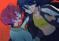 2girls amate_yuzuriha aqua_eyes bhachi88888888 black_hair blood blood_on_face bruise bruise_on_face clenched_hand clenched_teeth crop_top dirty dirty_face fighting gundam gundam_gquuuuuux injury jacket long_hair midriff multiple_girls navel nyaan_(gundam_gquuuuuux) open_mouth red_background red_hair short_hair simple_background teeth upper_body yellow_eyes