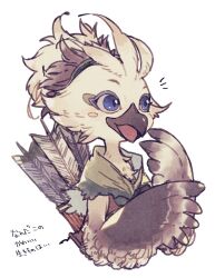 1boy arrow_(projectile) bandana bare_shoulders beak bird_boy black_fur black_hair blue_eyes blush_stickers body_fur brown_shirt child cropped_torso furry furry_male green_bandana hair_tie hands_up happy japanese_text looking_to_the_side male_focus mamebato multicolored_hair nintendo notice_lines open_mouth quiver rito shirt short_hair simple_background sleeveless sleeveless_shirt smile solo the_legend_of_zelda the_legend_of_zelda:_tears_of_the_kingdom translation_request tulin_(zelda) two-tone_fur two-tone_hair upper_body white_background white_fur white_hair winged_arms wings