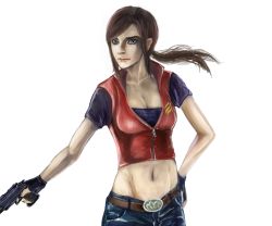 Rule 34 | 1girl, belt, beretta 92, blue eyes, breasts, brown hair, claire redfield, cleavage, denim, female focus, fingerless gloves, gloves, gun, handgun, hirodi, long hair, pistol, ponytail, resident evil, resident evil - code: veronica, resident evil 2, sideburns, solo, weapon