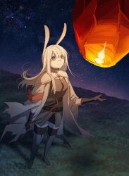 1girl absurdres animal_ears arknights armband black_eyes black_gloves black_thighhighs boots chinese_commentary closed_mouth commentary_request elbow_gloves eyes_visible_through_hair fire frostnova_(arknights) full_body gloves grass grey_boots grey_hair hair_over_one_eye highres horizon lantern long_hair looking_up night night_sky orange_armband outdoors paper_lantern plant scar scar_on_face scar_on_nose sky smile solo standing star_(sky) starry_sky thigh_boots thighhighs wangchuan