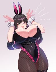 1girl :d animal_ear_hairband animal_ears aqua_eyes beroba_(kamen_rider_geats) black_hairband black_leotard black_pantyhose blunt_bangs br1ske7 breasts brown_hair chain cleavage commentary_request covered_navel cowboy_shot curvy facial_mark fake_animal_ears fishnet_pantyhose fishnets gradient_background grey_background hairband hands_up heart heart_facial_mark heart_o-ring heterochromia highres huge_breasts kamen_rider kamen_rider_geats_(series) leotard long_hair looking_at_viewer looking_down multicolored_hair narrow_waist o-ring o-ring_thigh_strap open_mouth pantyhose pink_eyes pink_streaks pink_trim playboy_bunny rabbit_ears smile solo strapless strapless_leotard thick_thighs thigh_strap thighs tokusatsu white_background wide_hips wrist_cuffs