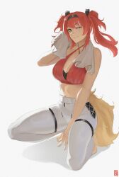 1girl absurdres alternate_costume bare_shoulders black_hairband breasts cleavage closed_mouth commentary criss-cross_halter green_eyes hairband halterneck highres large_breasts leggings looking_at_viewer lupa_(wuthering_waves) midriff one_eye_closed red_hair simple_background smile solo squatting sweat tail towel towel_around_neck twintails white_background white_leggings wiping wolf_tail wuthering_waves