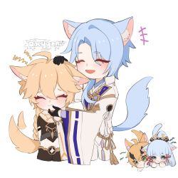 1girl 2boys 3boys aether_(genshin_impact) animal_ears ayaka_(genshin_impact) black_gloves blonde_hair blue_eyes blue_hair blunt_bangs blush braid breasts cat_ears cat_tail chibi closed_eyes closed_mouth crop_top face_hold genshin_impact gloves green_eyes hair_between_eyes hair_ornament hair_ribbon highres holding japanese_clothes kamisato_ayato long_hair long_sleeves male_focus mole mole_under_mouth multiple_boys open_mouth oxygen_(0220) ponytail ribbon short_hair simple_background single_braid tail tassel thoma_(genshin_impact) upper_body white_background