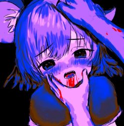 1girl 1other animal_ears blood blood_from_mouth blood_in_mouth blood_on_hands blood_on_tongue blue_theme blush capelet flandzen hand_on_another&#039;s_head medium_hair mouse_ears mouse_girl nazrin touhou
