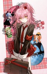&gt;_o 5girls ;d absurdres armband bag blue_eyes blue_hair brown_bag brown_jacket chibi chibi_inset chinese_commentary collared_shirt commentary_request cross_hair_ornament dia_(shugo_chara!) green_eyes green_hair guardian_chara hair_between_eyes hair_ornament highres hinamori_amu holding holding_bag jacket lapels looking_at_viewer miki_(shugo_chara!) miniskirt multiple_girls necktie notched_lapels one_eye_closed one_side_up open_clothes open_jacket open_mouth orange_eyes orange_hair pink_eyes pink_hair plaid_clothes plaid_skirt pleated_skirt ran_(shugo_chara!) red_armband red_necktie red_skirt school_uniform seiyo_academy_school_uniform shadow shirt shugo_chara! skirt smile solo_focus suu_(shugo_chara!) white_shirt wing_collar xuan_xuan_xuan_za yellow_eyes