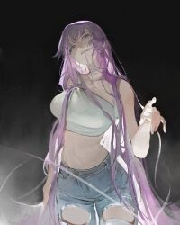 Rule 34 | 1girl, absurdres, bakemonogatari, bare shoulders, collarbone, cowboy shot, denim, earrings, gradient background, grey eyes, hand up, highres, jeans, jewelry, kanji (nievart), long hair, looking up, midriff, monogatari (series), necklace, pants, purple hair, senjougahara hitagi, solo, strapless, torn clothes, torn jeans, torn pants, tube top, very long hair, white tube top