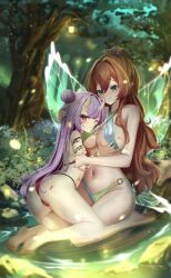 2girls absurdres armpit_crease ass barefoot between_legs bikini blue_eyes blush breast_pillow breasts brown_hair butterfly_wings cleavage commission covered_erect_nipples forest full_body grabbing_another&#039;s_breast groin groping hair_bun highres horns hug insect_wings kiari_art large_breasts loli long_hair looking_at_another multicolored_bikini multiple_girls nature navel o-ring o-ring_bikini original pixiv_commission pointy_ears pond ponytail purple_hair red_bikini red_eyes seiza sitting skin-covered_horns small_breasts soles stomach swimsuit toes two-tone_bikini very_long_hair wings yuri