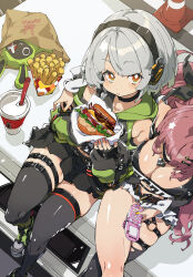 2girls absurdres anby_demara arm_around_shoulder bangboo_(zenless_zone_zero) bare_shoulders black_ribbon black_shorts black_thighhighs breasts burger cellphone cheese cleavage crop_top cup disposable_cup eating fast_food flip_phone food food_wrapper french_fries grey_hair hair_ornament hair_ribbon hairclip highres holding holding_burger holding_food large_breasts lettuce long_hair looking_at_phone looking_at_viewer mole mole_on_breast multiple_girls nail_polish nicole_demara orange_eyes phone pink_hair ribbon sesame_seeds shiny_skin short_hair shorts strapless thigh_strap thighhighs tomato tomato_slice tube_top two_side_up ushiki_yoshitaka zenless_zone_zero