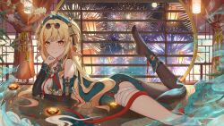 Rule 34 | 1girl, absurdres, aerial fireworks, architecture, bare shoulders, black pantyhose, blonde hair, breasts, chinese commentary, commentary request, detached sleeves, dress, east asian architecture, feet, fireworks, glasses, green dress, green hat, hair between eyes, hair spread out, hat, head rest, highres, honkai (series), honkai impact 3rd, lantern, large breasts, leg up, long hair, looking at viewer, lying, nail polish, night, night sky, no shoes, on stomach, pantyhose, paper lantern, pince-nez, qiuqiuku, red pupils, round eyewear, sidelocks, single leg pantyhose, sky, smile, soles, solo, songque, songque (jovial deception: shadowdimmer), sunglasses, toes, two side up, very long hair, yellow eyes
