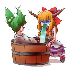 2girls black_footwear bow bucket dizzy from_behind full_body green_hair highres horns ibuki_suika japanese_clothes kimono kisume long_hair multiple_girls oni_horns orange_hair peroponesosu. purple_skirt red_bow scared shirt short_twintails skirt sleeveless sleeveless_shirt touhou trembling twintails vomit vomiting white_kimono white_shirt wooden_bucket yukata