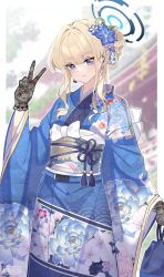 Rule 34 | 1girl, akanora, artist name, bag, blonde hair, blue archive, blue eyes, blue hair, blue halo, blush, closed mouth, earpiece, earrings, floral print, floral print kimono, flower, furisode, gloves, hair bun, hair flower, hair ornament, halo, highres, japanese clothes, jewelry, kimono, lace, lace gloves, long sleeves, medium hair, multicolored hair, obi, print kimono, sash, single side bun, solo, streaked hair, toki (blue archive), twitter username, v