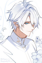 1boy alternate_costume antenna_hair blue_eyes collared_shirt commentary_request highres honkai:_star_rail honkai_(series) korean_commentary looking_at_viewer male_focus minarii_s parted_bangs phainon_(honkai:_star_rail) shirt short_hair solo twitter_username upper_body watermark white_hair white_shirt