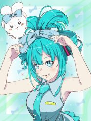 aqua_eyes aqua_hair armpits blue_bow bow cinnamiku cinnamoroll collar double_bun ear_bow fang frilled_collar frills fuwa_fuwa_cinnamoroll hair_bow hair_bun hair_rings hatsune_miku highres necktie sanrio sleeveless smile tied_ears twintails updo vocaloid yozora