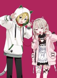 Rule 34 | 1boy, 1girl, :d, absurdres, animal collar, animal hood, apron, black dress, black pants, blonde hair, brown hair, cat hood, cat tail, chest harness, claw pose, cleavage cutout, clothing cutout, collar, collared dress, colored inner hair, cowboy shot, drawn ears, drawn whiskers, dress, fake tail, fangs, green eyes, hair intakes, harness, heart cutout, highres, holding, holding leash, hood, hoodie, jacket, leash, leg tattoo, long hair, makaino ririmu, makaino ririmu (5th costume), multicolored hair, nijisanji, official alternate costume, open mouth, pants, pink background, pink eyes, pink hair, pink jacket, po (po 495), pointy ears, short hair, simple background, smile, tail, tattoo, thigh strap, two-tone hair, two side up, uzuki kou, uzuki kou (2nd costume), virtual youtuber, waist apron, white hoodie, winged heart tattoo