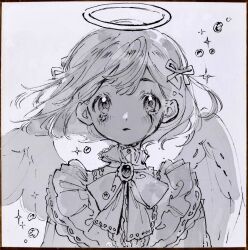 absurdres angel angel_wings blush bow bowtie brooch bubble chinese_commentary closed_mouth collared_shirt commentary_request crying crying_with_eyes_open dress eyelashes feathered_wings frilled_dress frilled_shirt_collar frills grey_background greyscale hair_ribbon halo hidari_(nanmu-left) high_collar highres jewelry lace lace-trimmed_shirt lace_trim light_frown lipstick long_sleeves makeup monochrome original ribbon ribbon-trimmed_dress ribbon_trim sad shirt short_hair simple_background sparkle streaming_tears tareme tears traditional_halo traditional_media watermark weibo_watermark wings