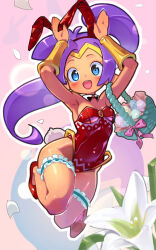 1girl animal_ears armpits basket blue_eyes blush breasts cleavage covered_navel dark-skinned_female dark_skin easter_egg egg fake_animal_ears fake_tail flower full_body high_ponytail highres holding holding_basket leotard long_hair missing_commentary momochi_momotan pink_background playboy_bunny ponytail purple_hair rabbit_ears rabbit_tail red_leotard shantae shantae_(series) small_breasts solo strapless strapless_leotard tail very_long_hair white_flower