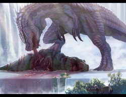 1boy 3girls bent_over bird black_hair blood bone brown_hair claws dinosaur eating fantasy gigantic guro hat hiding highres hood intestines letterboxed monster multiple_girls original plant tyrannosaurus_rex water waterfall white_hair zhen_lu