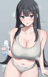 1girl bare_arms black_hair bottle bra brand_name_imitation breasts calvin_klein cleavage collarbone commentary_request grey_background grey_bra grey_panties hair_between_eyes highres holding holding_bottle hot ikaruga_(senran_kagura) large_breasts long_hair open_mouth panties senran_kagura senran_kagura_burst senran_kagura_burst_re:newal senran_kagura_estival_versus senran_kagura_new_link senran_kagura_shinovi_versus sidelocks sitting solo steam surippa1010 sweat thighs underwear water_bottle