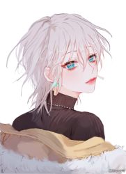 1girl anastasia_(idolmaster) aqua_eyes bad_id bad_link bad_twitter_id boychaaa brown_coat coat earrings from_behind fur_coat fur_trim glowing glowing_earrings idolmaster idolmaster_cinderella_girls jewelry locked_twitter looking_at_viewer looking_back mullet portrait red_lips short_hair solo turtleneck white_background white_hair