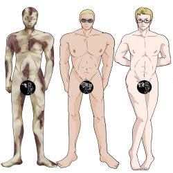 3boys arcade_gannon bald barefoot blonde_hair blonde_pubic_hair blush censored character_censor completely_nude craig_boone facial_hair fallout:_new_vegas fallout full_body ghoul_(fallout) glasses male_focus multiple_boys muscular muscular_male mustache novelty_censor nude pubic_hair raul_tejada short_hair simple_background standing straight-on sunglasses white_background