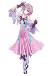 1girl arm_up bare_shoulders black_bow black_gloves blue_reflection_(series) blue_reflection_ray blue_reflection_sun blue_reflection_tie bob_cut bow braid brown_eyes collarbone detached_sleeves dress gloves hair_ornament high_heels highres hirahara_hiori kishida_mel looking_at_viewer magical_girl navel pink_dress pink_hair pink_skirt skirt smile solo white_background wide_sleeves