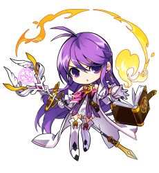1girl :o absurdres aisha_landar antenna_hair bare_shoulders book boots bow bowtie brooch chibi collared_dress determined dress elsword eyelashes game_cg gloves grimoire hair_between_eyes high_collar highres holding holding_staff hwansang jewelry long_hair long_sleeves magic official_art open_book open_mouth pink_bow pink_bowtie purple_eyes purple_hair robe second-party_source short_dress solo staff standing swept_bangs tachi-e tareme thigh_boots transparent_background v-shaped_eyebrows very_long_hair white_boots white_dress white_gloves white_robe