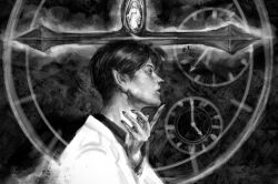 Rule 34 | 1boy, 1girl, analog clock, black eyes, black hair, black nails, black shirt, character request, clock, clock hands, coat, expressionless, from side, greyscale, hand up, index finger raised, kim dokja, macaronijail, male focus, monochrome, omniscient reader&#039;s viewpoint, pointy ears, shirt, short hair, sideburns, white coat