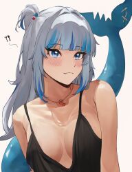1girl black_dress blue_eyes blunt_bangs blush breasts dress ebi-chan_(gawr_gura) fang fang_out fins fish_tail gawr_gura grey_hair highres hololive hololive_english jewelry long_hair looking_at_viewer medium_breasts mr_thecatman multicolored_hair necklace shark_tail simple_background solo streaked_hair tail upper_body virtual_youtuber white_background